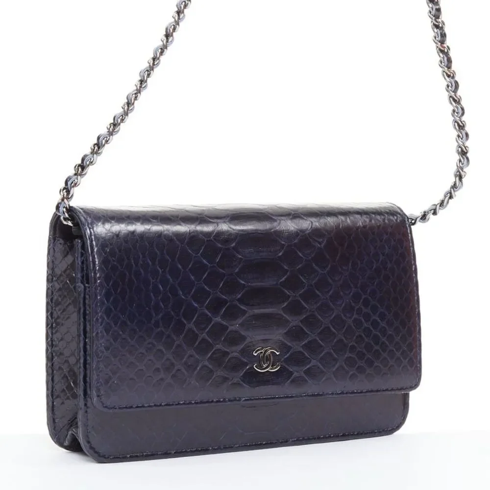 CHANEL Timeless Classic Flap Wallet on Chain navy scaled leather crossbody bag